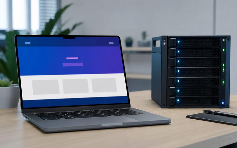 Laptop mostrando el diseño de una página web junto a un servidor de hosting