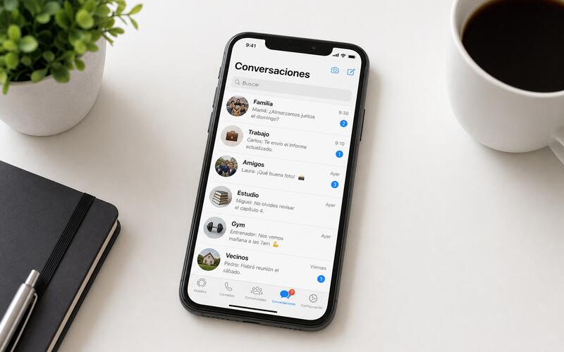 Celular mostrando conversaciones de WhatsApp organizadas sobre un escritorio