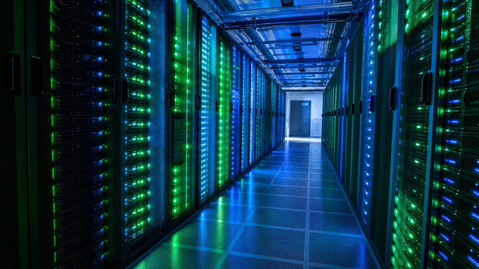 Centro de datos moderno con servidores iluminados en tonos verde y azul