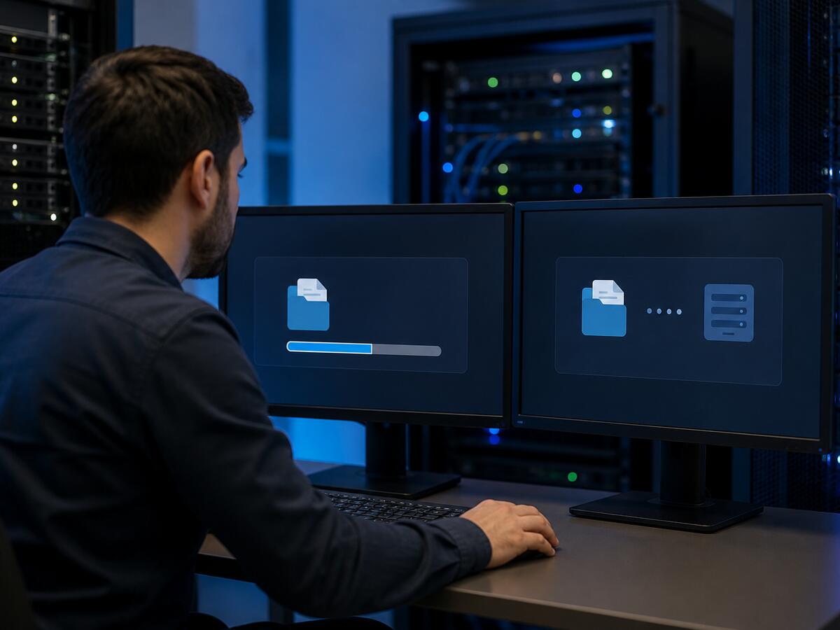 Técnico moviendo archivos de un sitio web a un nuevo servidor sin interrupciones
