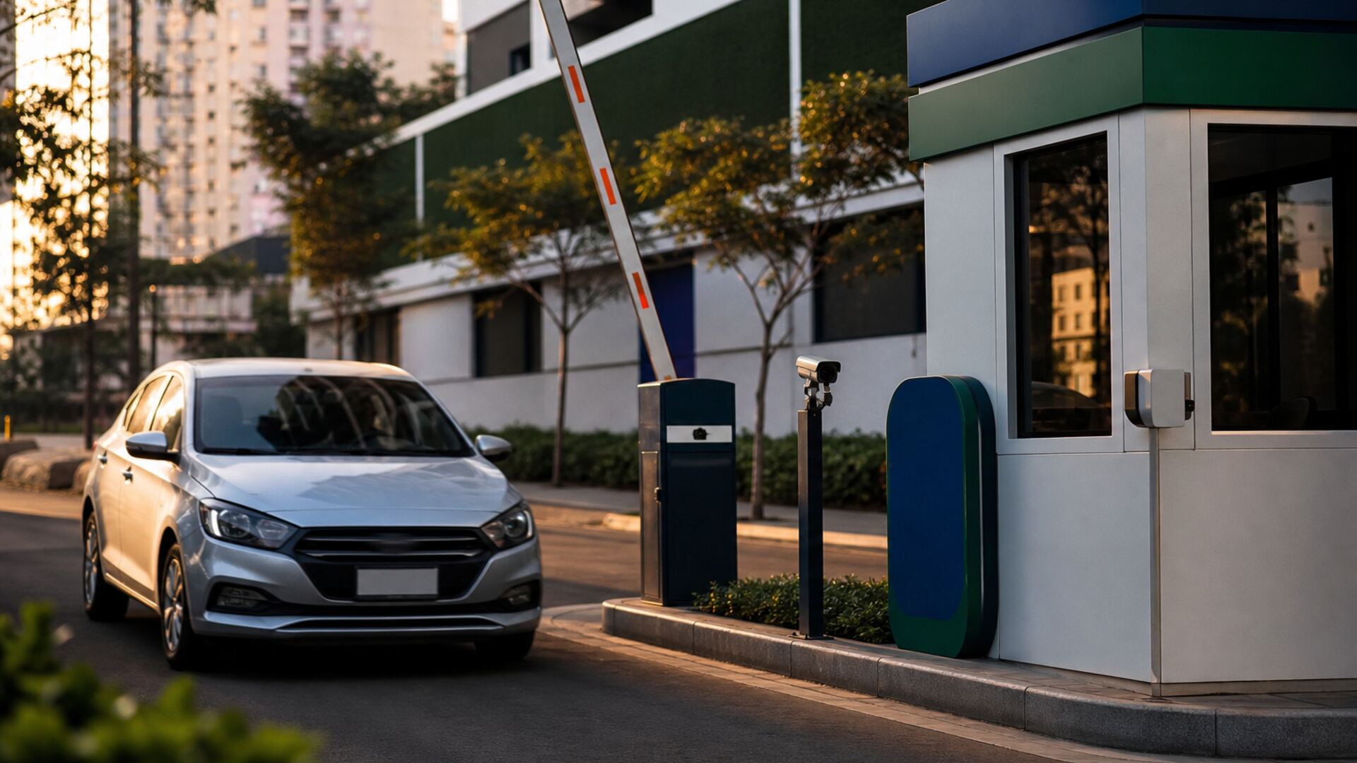 Caseta de parqueadero moderna con cámara de reconocimiento de placas