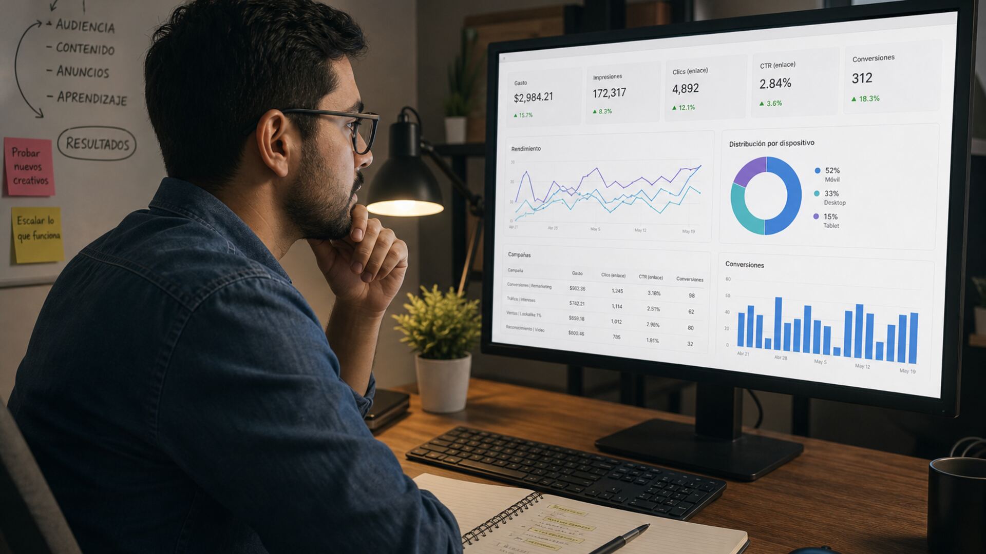 Especialista en marketing digital revisando resultados de anuncios en Google