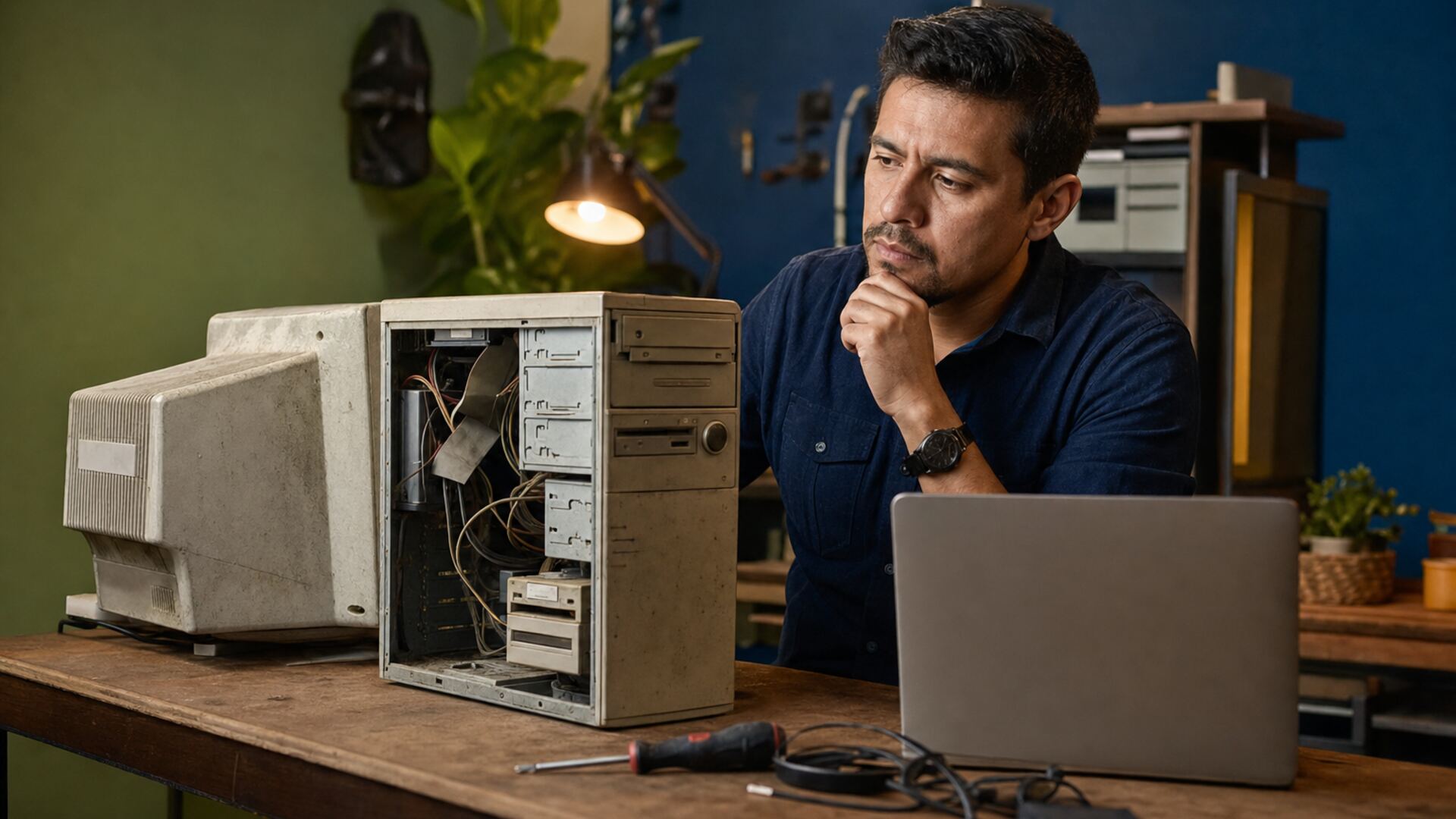 Consultor de tecnología revisando un sistema antiguo para modernizarlo