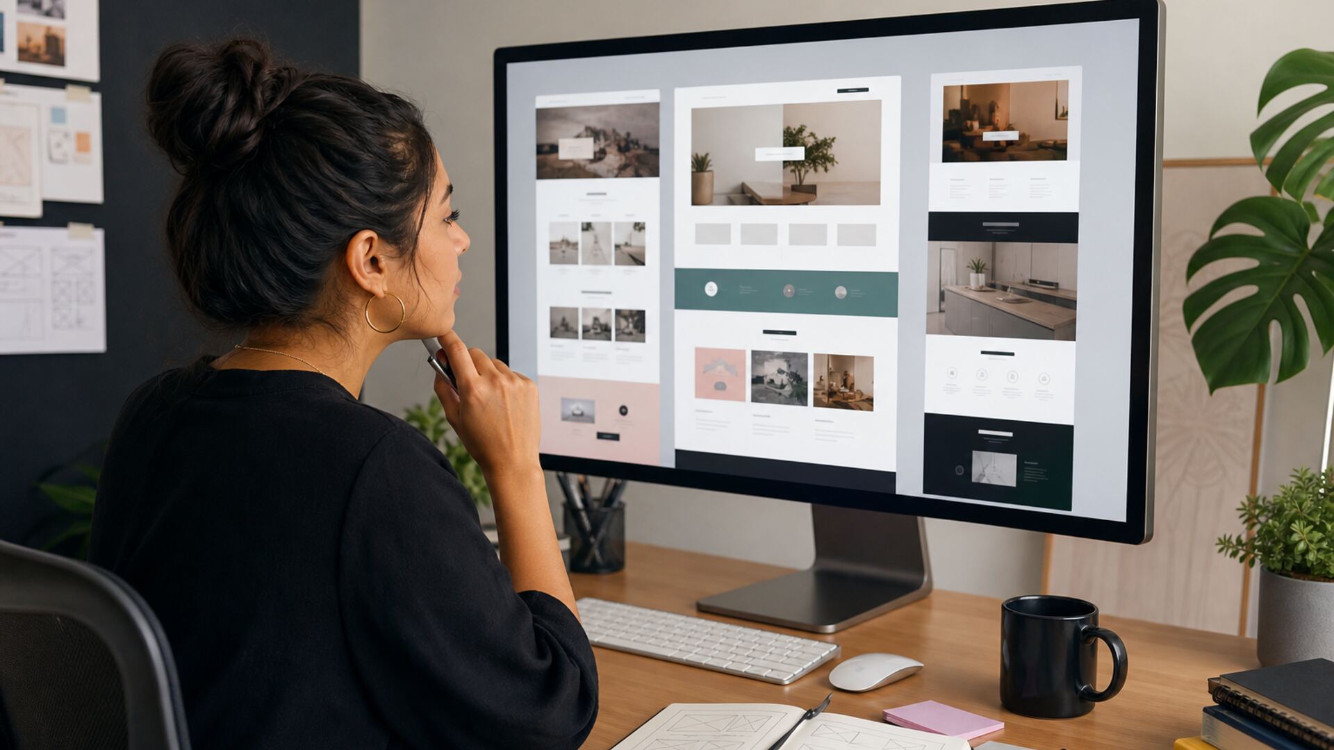 Diseñadora web revisando mockups de un sitio en una pantalla grande
