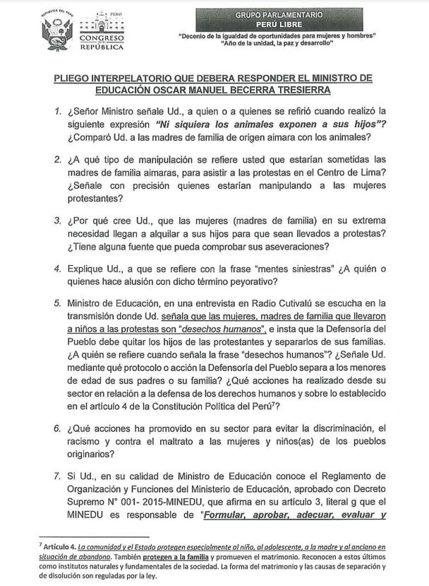 Las preguntas que el ministro de Educación, Óscar Becerra, deberá responder ante el Pleno del Congreso.