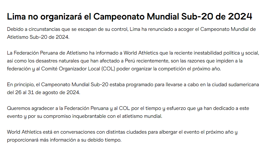 Comunicado de la Federación Mundial de Atletismo sobre la renuncia de la Federación Peruana de Atletismo a ser sede del Mundial Sub 20. (WorldAthletics)