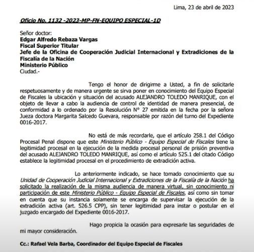 Alejandro Toledo será trasladado a la Sala Penal Nacional